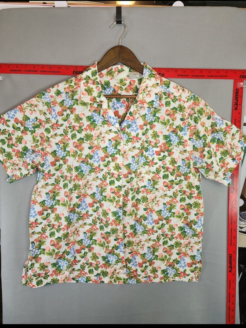 Floral Short-Sleeve Button Front Blouse - White with Pink & Blue Flowers